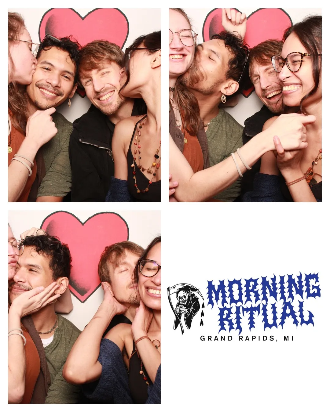 Three playful photo-booth portraits of three people beneath a pink heart, beside the Morning Ritual logo.