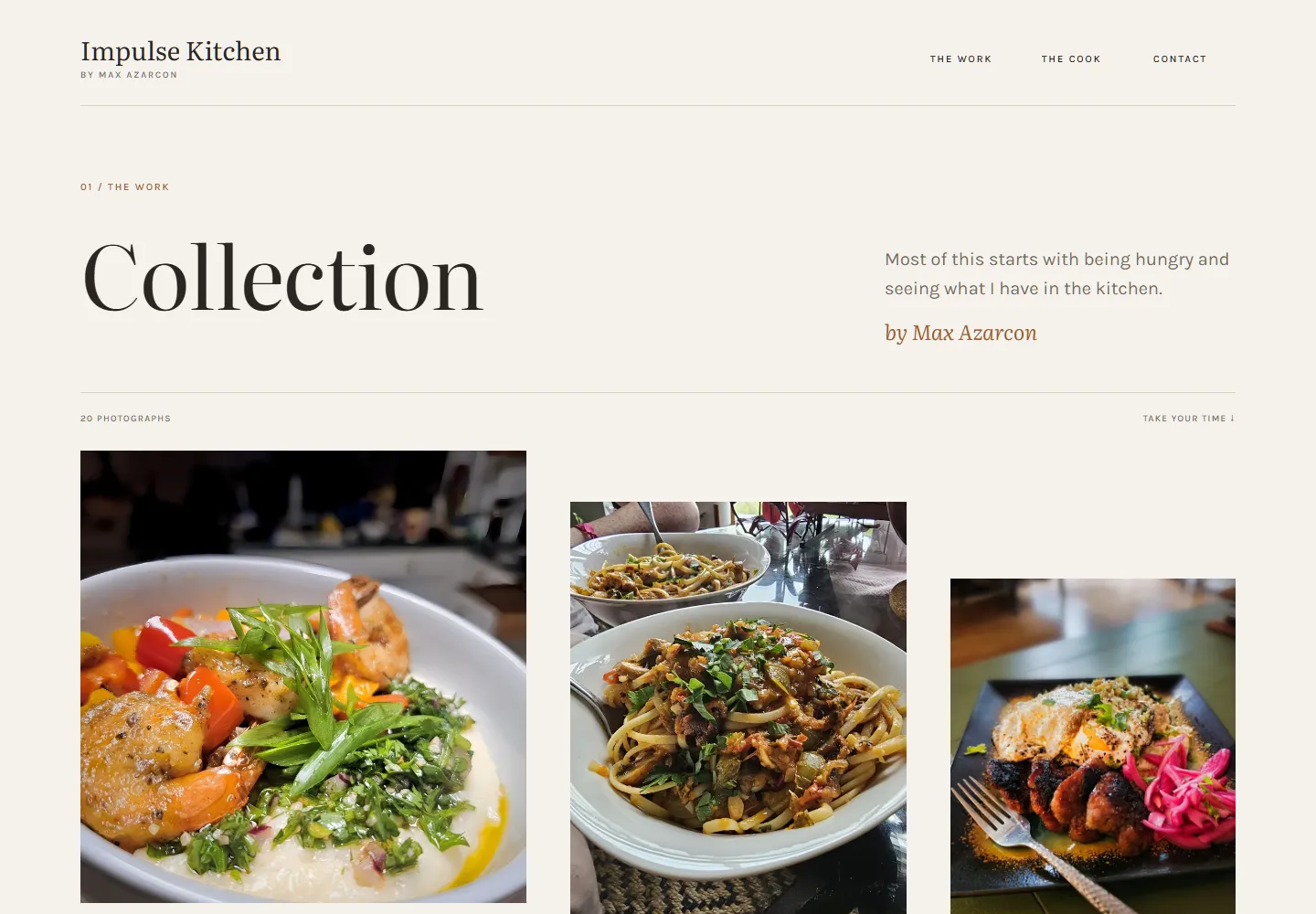 Impulse Kitchen Collection page with shrimp and grits, pasta at the table, and Filipino breakfast in a staggered gallery.