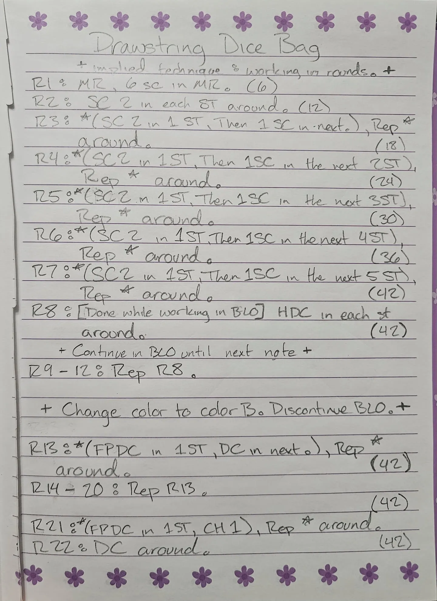 Teddy's handwritten crochet instructions for her Drawstring Dice Bag, organized into numbered rounds with stitch abbreviations and counts.