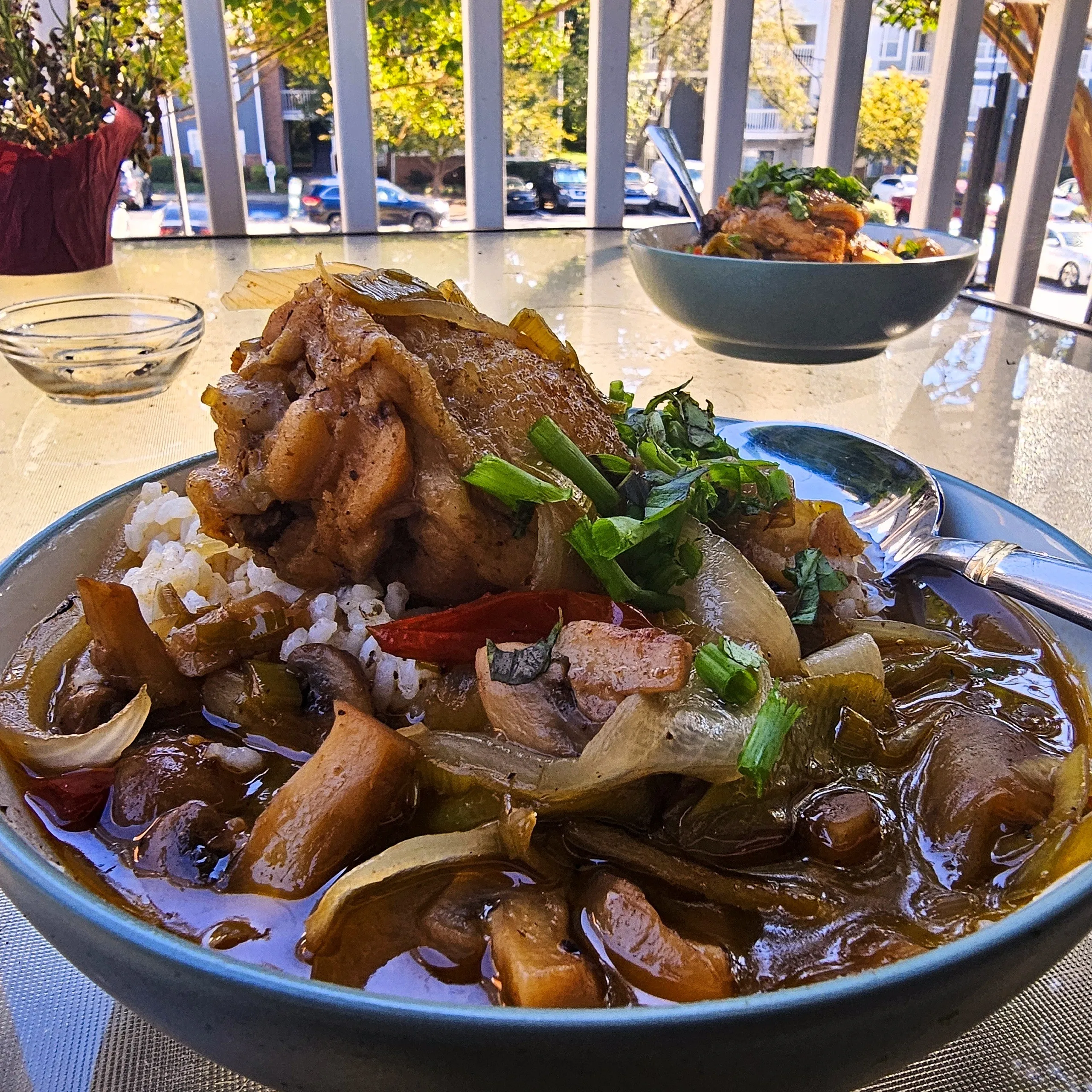 Chicken and coconut curry with onions, peppers, and chopped herbs over rice, served by a sunny window.