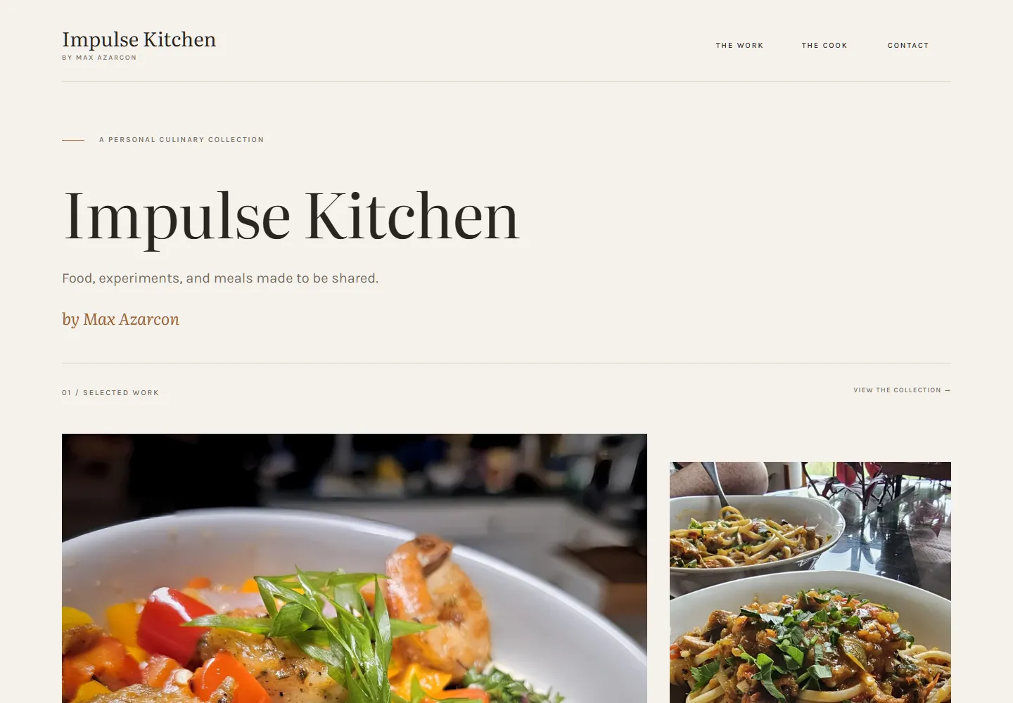 Impulse Kitchen homepage with a cream background, serif typography, and photographs of shrimp and grits and pasta.