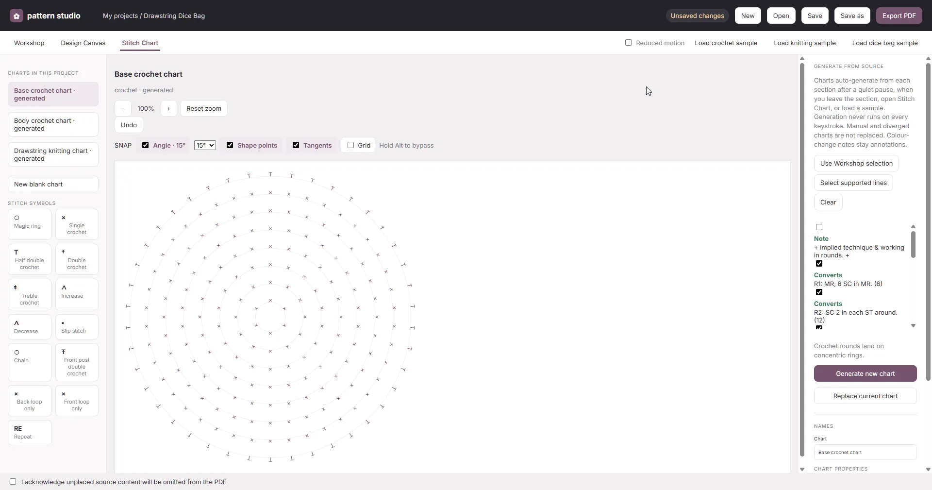 Pattern Studio’s Stitch Chart editor showing a circular crochet diagram, a stitch-symbol palette, snapping tools, and the source instructions.